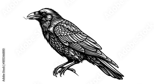 Detailed Black and White Illustration of a Raven
