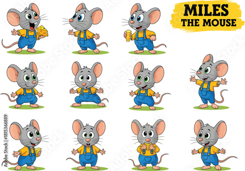 Collection of adorable cartoon mouse character miles poses and expressions on white background