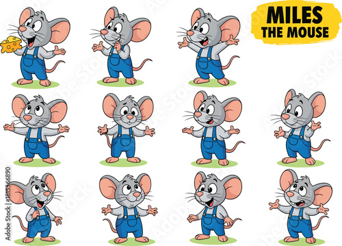 Collection of cute cartoon mouse character miles the mouse in various poses and expressions on white background