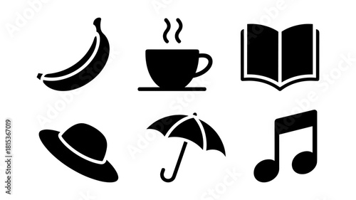 Collection of simple black icons representing everyday items and activities