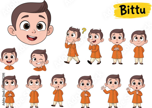 Cute cartoon boy bittu in various playful poses and expressions showing different emotions and actions