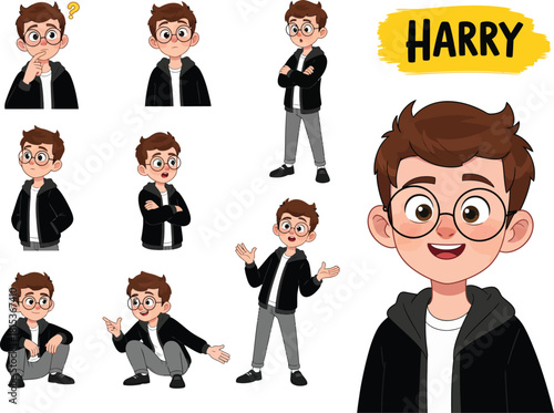 Collection of cartoon illustrations of a young boy named harry in various poses and expressions wearing glasses and a jacket