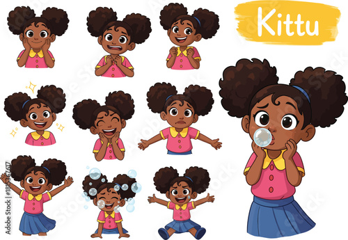 Collection of diverse cartoon characters with afro hairstyles showcasing different expressions and poses representing childhood joy and individuality
