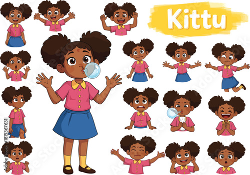 Cute cartoon girl named kitty with afro hairstyle and various playful expressions and poses