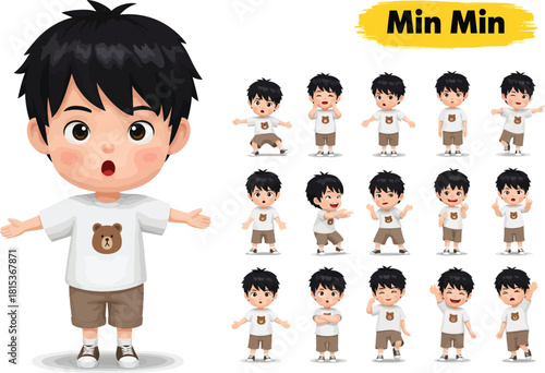 Adorable anime style boy character collection showing various poses and expressions for children s media
