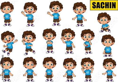 Collection of cartoon boy characters in blue shirts and brown shorts in various playful poses and expressions