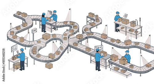 Illustration of a factory assembly line with workers and conveyor belts.