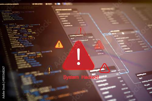 Quadro su tela Cybersecurity breach concept showing database system hack with warning symbols and red alerts, illustrating data loss, hacking threats, and critical system vulnerability in digital networks