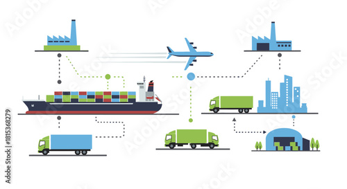 Illustration depicting the global supply chain, including factories, transport, and logistics.