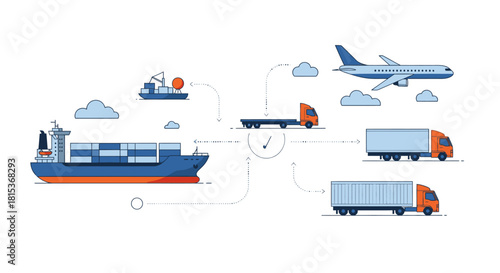Illustration of multimodal logistics and transportation network connecting sea, air, and land transport for cargo delivery.