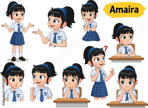 Collection of cute cartoon girl character amaira in different poses and expressions wearing school uniform