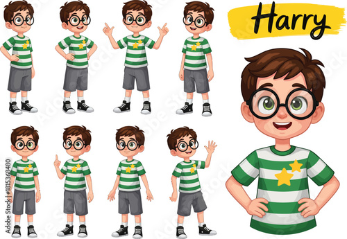 Young boy character named harry poses in various actions and expressions wearing striped shirt and shorts