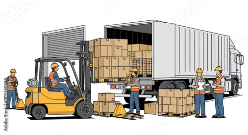 Illustration of workers loading boxes into a truck with a forklift.