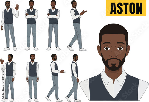 Collection of diverse poses of a young black man in business casual attire with a close up portrait