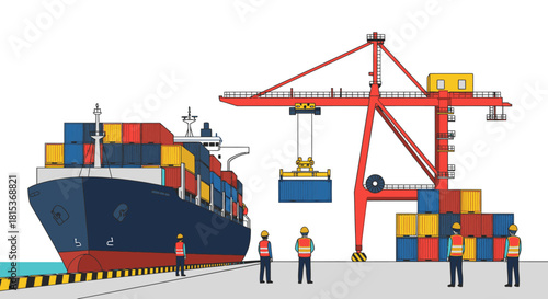 A detailed illustration of a cargo ship being loaded with containers by a large gantry crane at a busy port with workers.