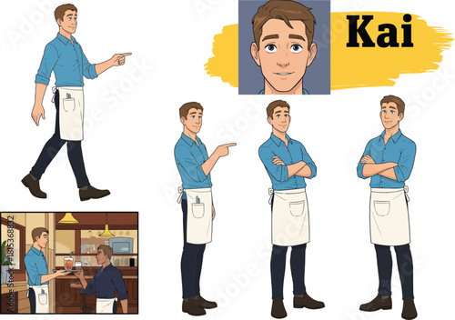 Young male waiter named kai in various poses with apron and uniform in restaurant setting illustrations