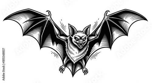 Flying Bat Illustration in Black and White