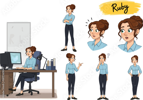 Young professional woman named ruby in various poses and expressions in an office setting