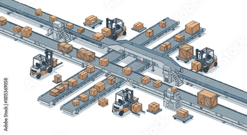 Automated warehouse conveyor system with forklifts moving boxes and pallets.
