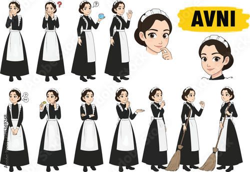 Collection of vintage victorian maid characters posing in different styles and expressions for retro illustration