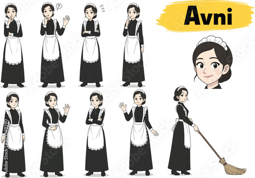 Collection of diverse poses and expressions of a female french maid character named avni holding cleaning supplies