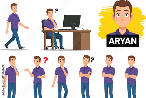 Young man expressing various emotions and poses including thinking walking and working at a computer