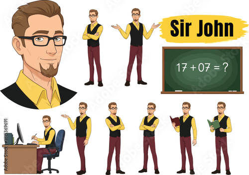 Friendly professor sir john with glasses and beard teaching math on a chalkboard with students posing