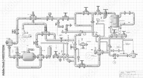 Blueprint of a complex industrial piping system with valves and gauges, illustrating intricate fluid transfer and control mechanisms.