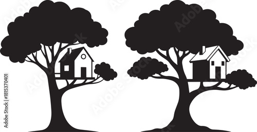 Two treehouses in large trees silhouette