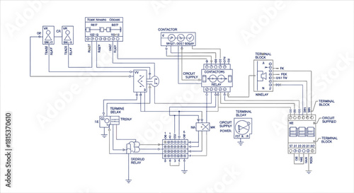 Automotive Electrical System Wiring Diagram for a Complex Circuit with Multiple Relays and Connectors.