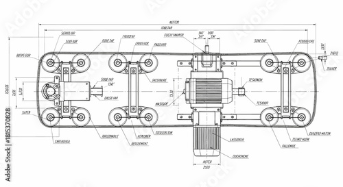 Detailed engineering drawing of a tracked vehicle chassis with drive system.