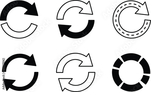 Collection of Six Circular Arrow and Refresh Icons in Black and White