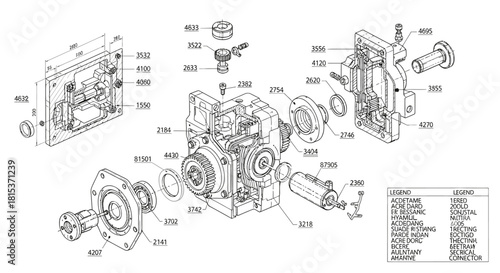 Exploded view diagram of a mechanical gearbox assembly with numbered components and a detailed parts list.