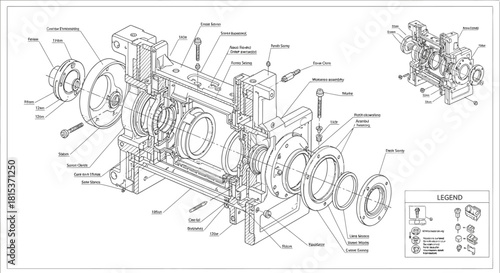 Exploded view technical drawing of a complex mechanical assembly with labeled parts and a legend.