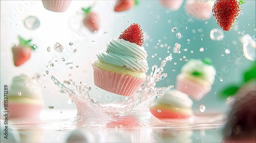 A close-up shot of a cupcake with white frosting and a strawberry on top, splashing into pink water, surrounded by other cupcakes and strawberries in mid-air.