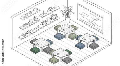 Isometric interior scene with tea sets and tables minimal style design