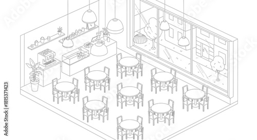 Isometric cafe interior illustration featuring tables chairs and lamps with large window