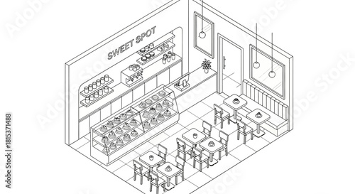 Isometric view of a cafe interior design with tables and display