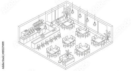 Isometric view of modern restaurant interior with tables and seating