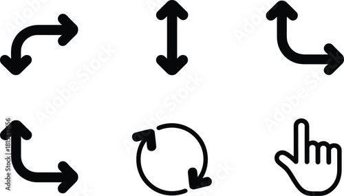 Collection of Six Black Arrows and a Hand Cursor Icon on White Background