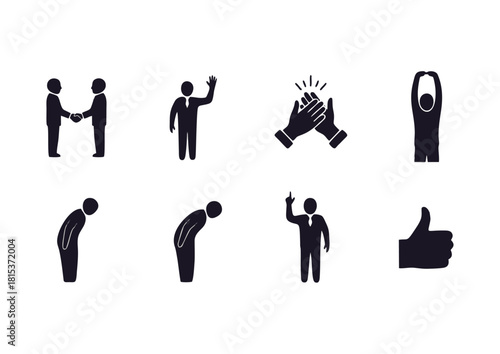 Simple black glyph icons representing common human actions, communication gestures, and body language