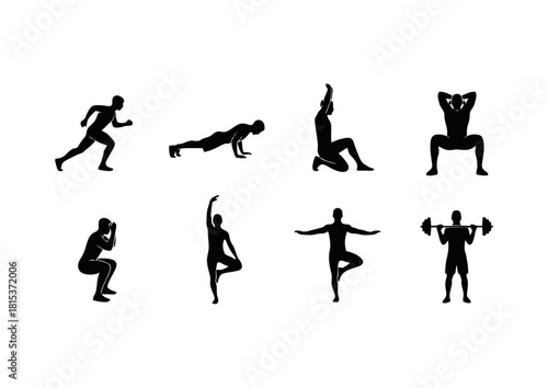 A diverse collection of fitness and exercise icons. Silhouettes of men and women performing workouts like running, weightlifting, yoga, and bodyweight training