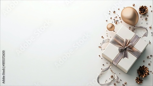 A white gift box with a gold ribbon and bow is surrounded by gold ornaments, beads, and pinecones on a clean white background, creating a festive and luxurious