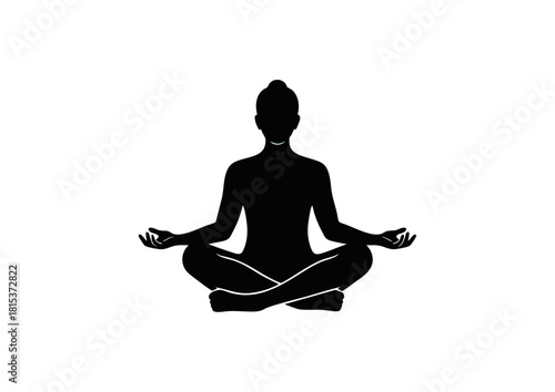 Minimalist black silhouette of a person sitting in a lotus yoga pose for meditation, mindfulness, and spiritual wellness