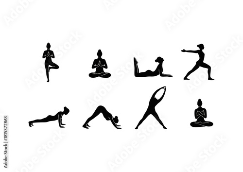 Collection of Diverse Yoga Poses and Mindfulness Exercises in Black Silhouette for Wellness and Fitness