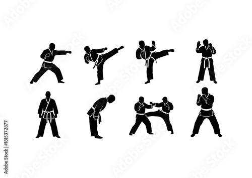 A collection of martial arts silhouettes showing fighters in various action poses, kicks, and stances for combat training and discipline concepts