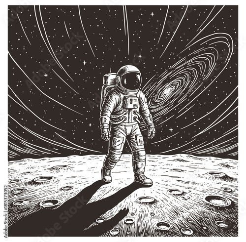 Vintage woodcut illustration of an astronaut standing on a cratered moon surface under a starry, swirling galaxy. Retro space exploration, science fiction, and cosmic adventure artwork, engraved style