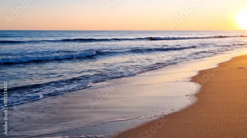 Golden Sunrise Over Ocean Waves On Sandy Beach Coast, Peaceful Sea Water Gentle Wash Ashore, Serene Beach Sunset Creating Tranquil Atmosphere