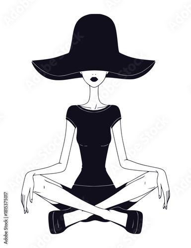 Minimalist illustration of a stylish woman sitting cross-legged in a wide-brimmed black hat, concealing her eyes. Fashion, elegance, mystery, and anonymity. Simple monochrome line art vector.