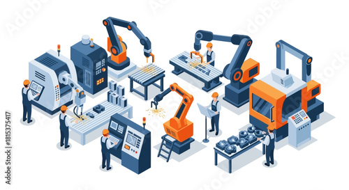 Isometric illustration of industrial robots and workers in a manufacturing plant with a modern and technological mood